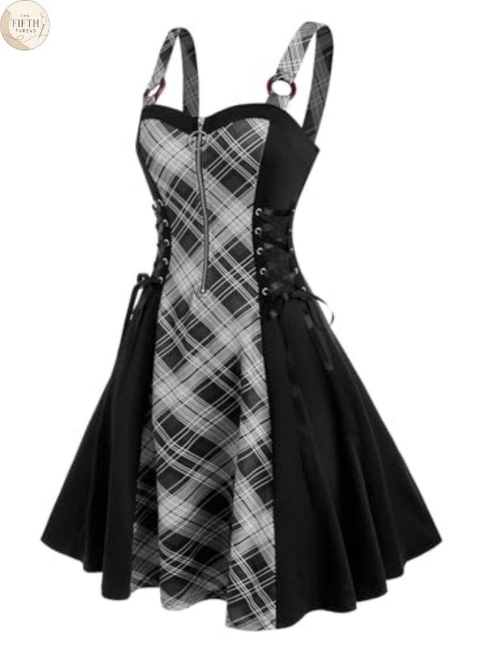 Gothic Plaid Mini Dress with Front Zipper & Lace-Up Corset Panels